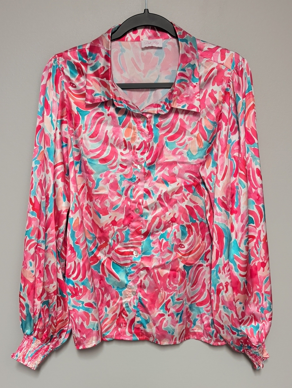Pink Lily Pink Teal Cream Satin Button Down Blouse